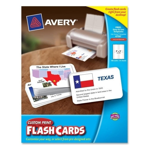 Avery Consumer Products Custom Print Flashcards, 3"x5", 25ShtS, 100/PK, White