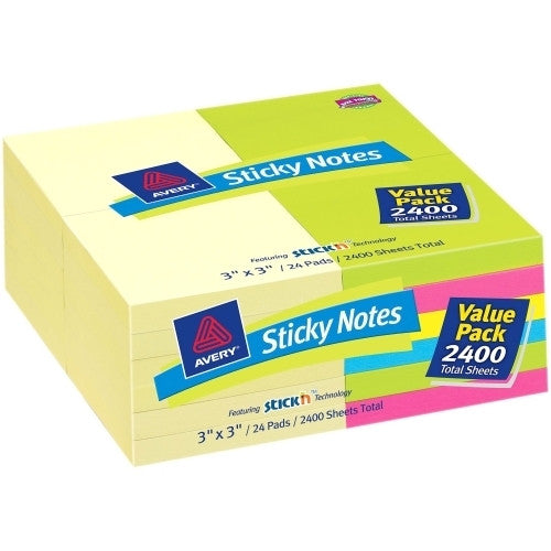 Avery Consumer Products Sticky Notes, Flat, 3"x3", 24/PK, Assorted