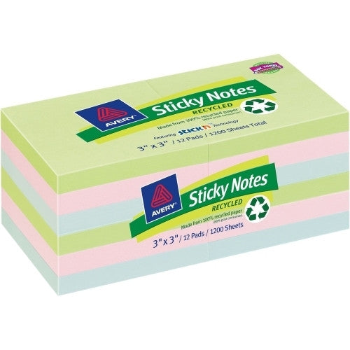 Avery Consumer Products Sticky Notes, 3"x3", 1200 Shts, 12/PK, Pastel/Ast