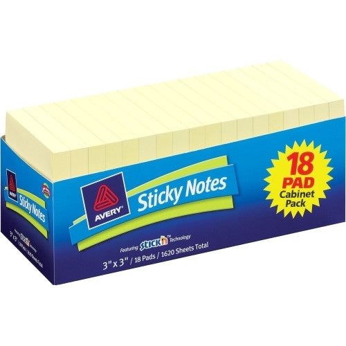 Avery Consumer Products Sticky Notes, 3"x3", 90 Sheets/PD, 18PD/PK, Yellow