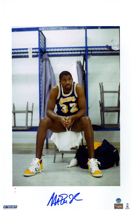 Magic Johnson Signed Sitting In Locker Room Vertical 10x20 Photo