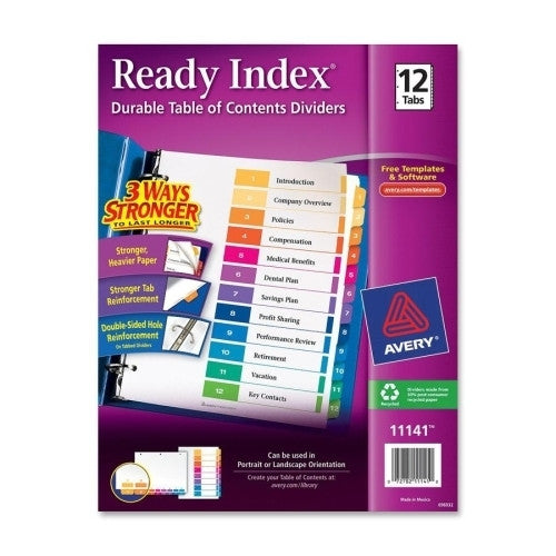 Avery Consumer Products Ready Index Dividers,1-12 Tab,3HP,8-1/2"x11",Asst