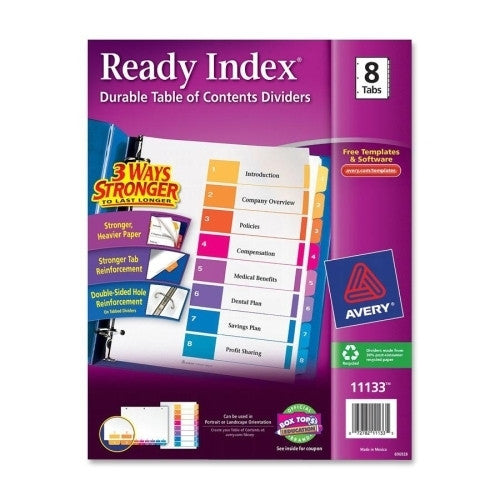 Avery Consumer Products Ready Index Dividers,1-8 Tab,3HP,8-1/2"x11",Asst