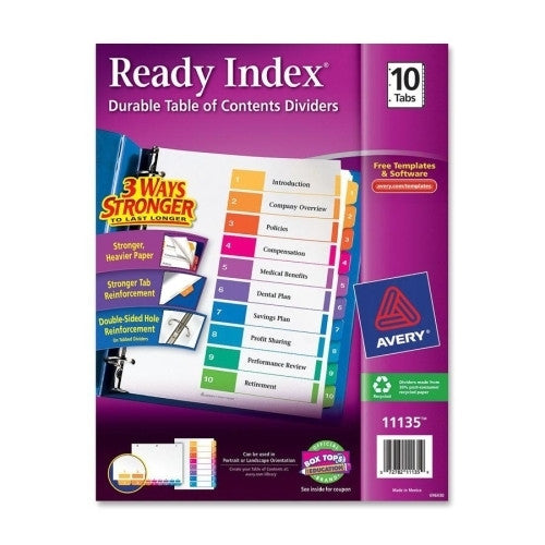 Avery Consumer Products Ready Index Dividers,1-10 Tab,3HP,8-1/2"x11",Asst