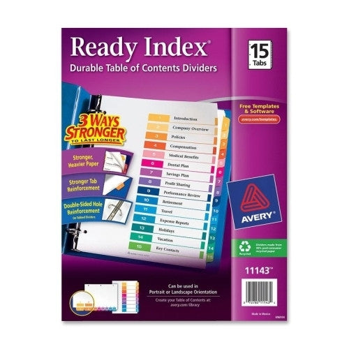 Avery Consumer Products Ready Index Dividers,1-15 Tab,3HP,8-1/2"x11",Asst