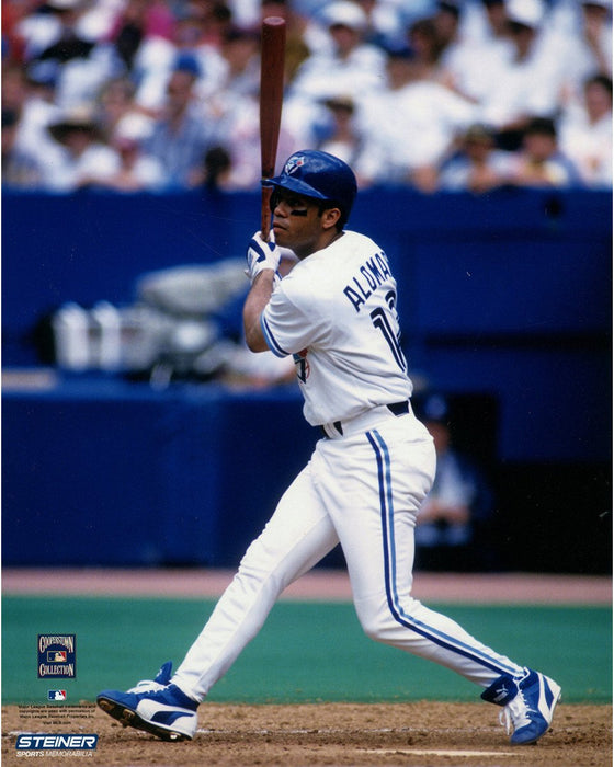 Roberto Alomar Blue Jays White Jersey Swing Vertical 8x10 Photo w/ "HOF" Insc. (MLB Auth) (Signed in Silver)