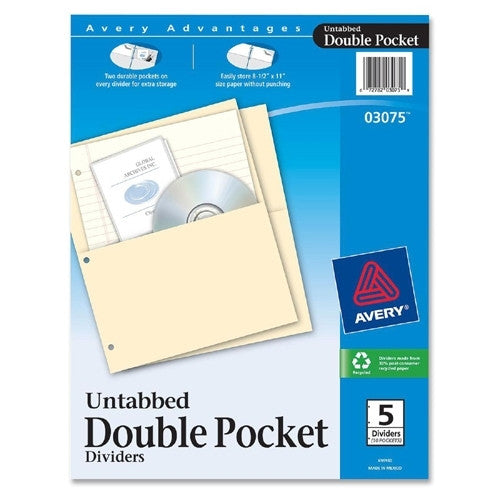 Avery Consumer Products Untabbed Double Pocket Divider,11"x8-1/2", 5/Pack, Buff