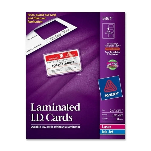 Avery Consumer Products Laminated Laser/Inkjet ID Cards, 2-1/4"x3-1/2", 30/BX, White