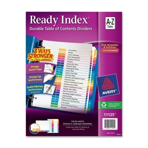 Avery Consumer Products Ready Index Dividers,26 Tab,A-Z,3HP,8-1/2"x11",Asst.