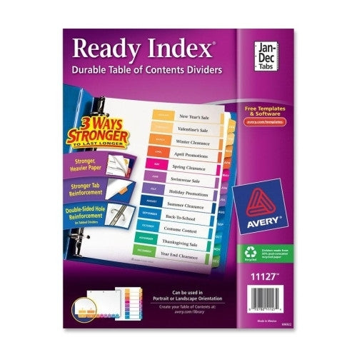 Avery Consumer Products Ready Index Dividers,12-Tab,Jan-Dec,3HP,8-1/2"x11",Asst