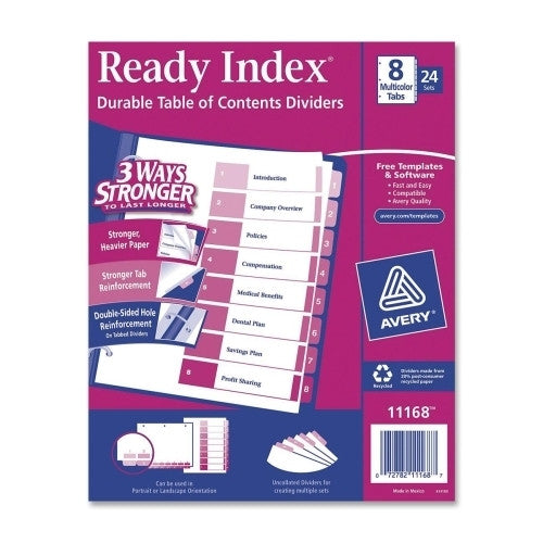 Avery Consumer Products Uncollated Index Dividers, 8-Tab,1-8, 24-Set, Multicolor