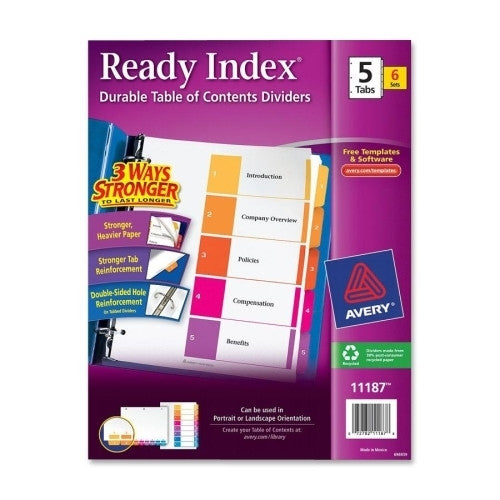 Avery Consumer Products Ready Index Dividers,1-5 Tab,3HP,8-1/2"x11",6/ST,Asst