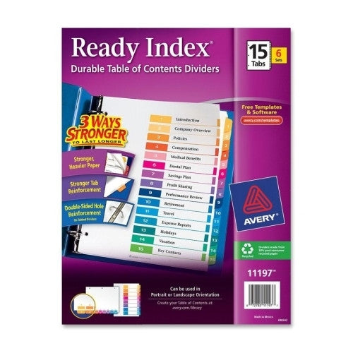 Avery Consumer Products Ready Index Dividers,1-15 Tab,3HP,8-1/2"x11",6/ST,Asst