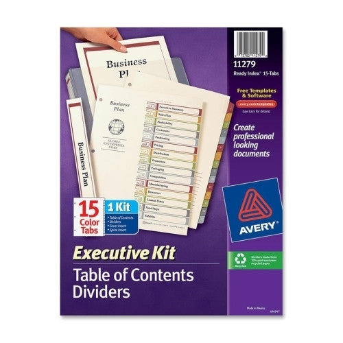 Avery Consumer Products Executive Index Dividers, 1-15 Tab, 8-1/2"x11", Multicolor