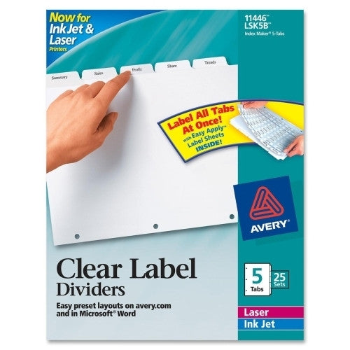 Avery Consumer Products Index Maker, Laser, Punched, 5-Tabs, 25/BX, White