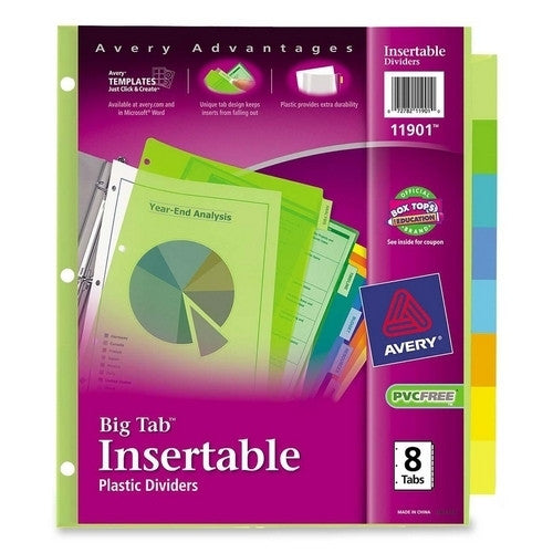 Avery Consumer Products Insertable Tab Dividers, Plastic, 8-Tab, Multi