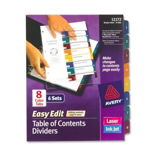 Avery Consumer Products Easy Edit Index Dividers, 8-Tab, 1-8, 6/ST, Multicolor