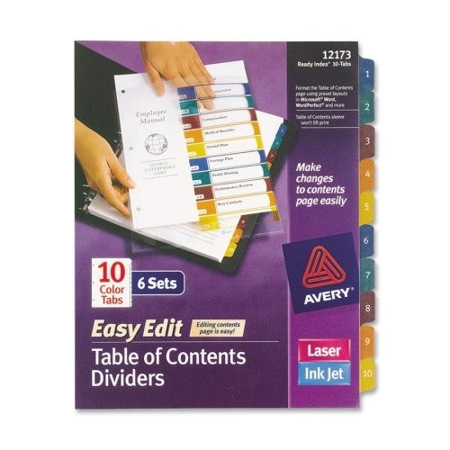 Avery Consumer Products Easy Edit Index Dividers, 10-Tab, 1-10, 6/ST, Multicolor