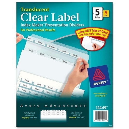 Avery Consumer Products Index Label Dividers, Plastic, 5-Tab, 3HP Punched, Clear