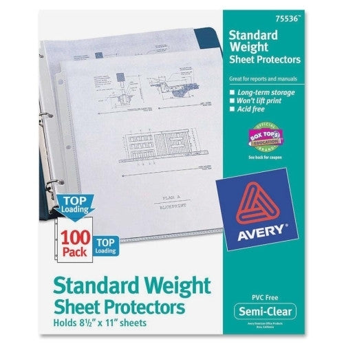 Avery Consumer Products Sheet Protectors,Std Weight,8-1/2"x11",100/BX,Semi-Clear