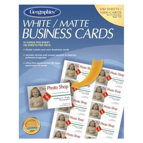 Geographics Business Cards,Laser/Inkjet,3-1/2"x2",1000/PK,Matte,White