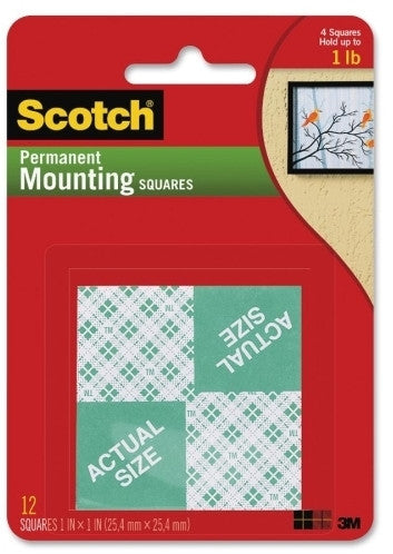 Mounting Tape Squares, Permanent, 1"x1", 16/Pack