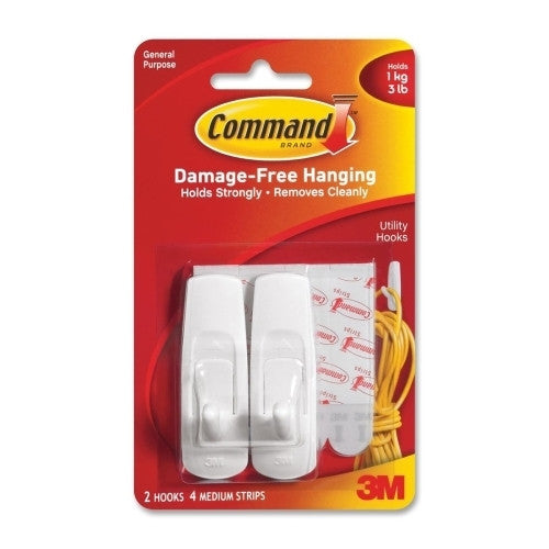 3M Commercial Office Supply Div. Reusable Adhesive Hooks, Med, Holds 3 lb., 2/PK, WE