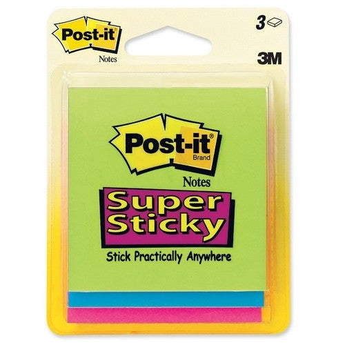 3M Commercial Office Supply Div. Super Sticky Pads, 3"x3", 3 PD/PK, 45 SH/PD, Neon Fusion