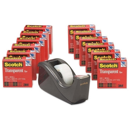 3M Commercial Office Supply Div. Scotch Tape Value Pack W/ Disp,1" Core,3/4"x1000",12/PK,BK