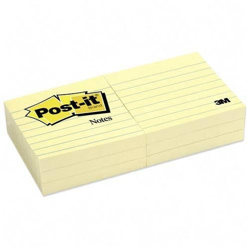 3M Commercial Office Supply Div. Post-it Notes, Lined, 100 Sh/Pad, 3"x3", 6/PK, Yellow