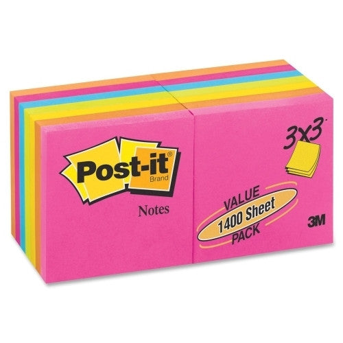 3M Commercial Office Supply Div. Post-it Notes, 3"x3", 14/PK, 100 Sh/Pad, Neon Fusion