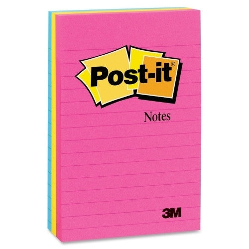 3M Commercial Office Supply Div. Post-it Notes,Lined,4"x6",3/PK,100 Sh/Pad,Neon Fusion