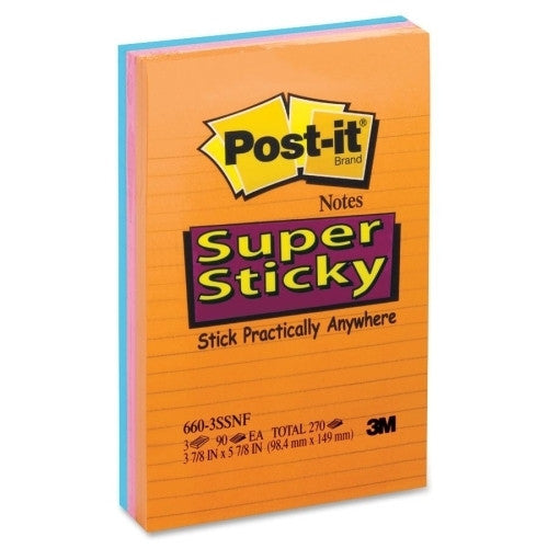 3M Commercial Office Supply Div. Super Sticky Pads,Lined,90 Sh/PD,4"x6",3/PK,Neon Fusion