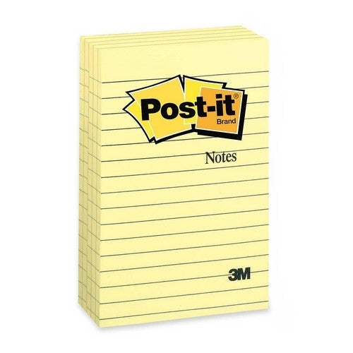 3M Commercial Office Supply Div. Post-it Notes, Lined, 100 Sh/Pad, 4"x6", 5/PK, Yellow