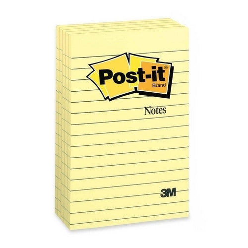 3M Commercial Office Supply Div. Post-it Notes, Lined, 100 Sh/Pad, 4"x6", 5/PK, Yellow