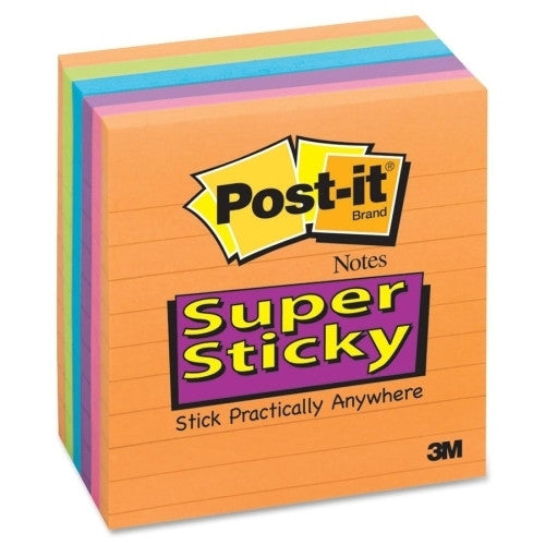 3M Commercial Office Supply Div. Super Sticky Pads,Lined,90 Sh/PD,4"x4",6/PK,Neon Fusion