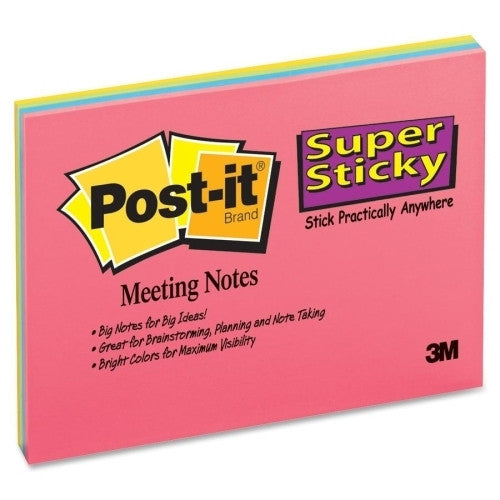 3M Commercial Office Supply Div. Super Sticky Meeting Notes, 45 Sh/PD, 8"x6", 4PD/PK, Ast