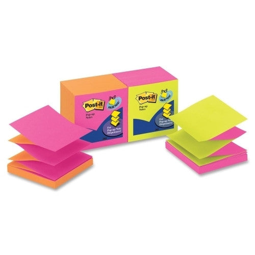 3M Commercial Office Supply Div. Post-it Pop-up Pad,Alternating Clrs,3"x3",12/PK,Neon Fusion