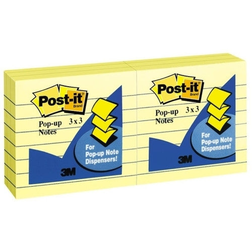 3M Commercial Office Supply Div. Pop-up Notes, Lined, 100 Sheets/Pad, 3"x3", 6/PK, Yellow