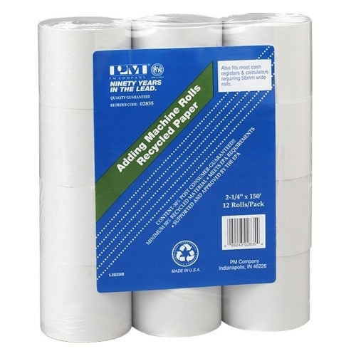 PM Company Recycled Add Rolls, 1-Ply, 2-1/4" x 150', 12/PK, White