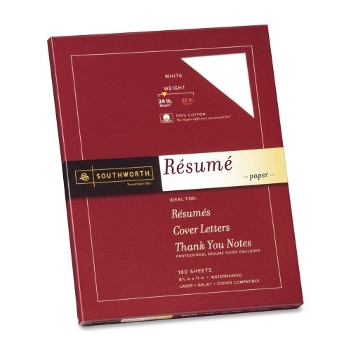 Southworth Company Resume Paper, Cotton Fiber, 24 lb, 8-1/2"x11", 100/BX, White