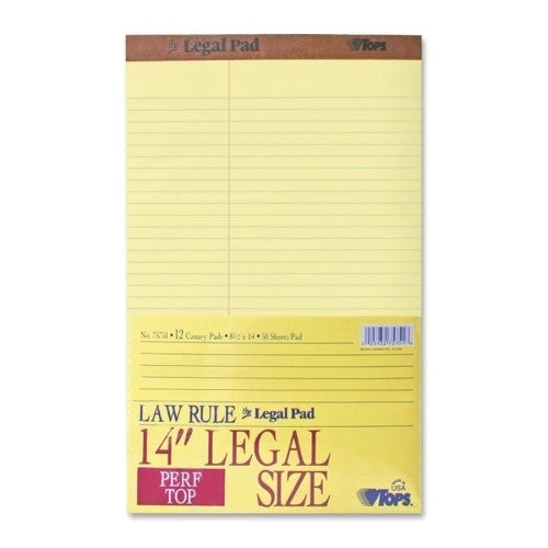 Tops Business Forms Pad,Perf Top,Lgl,Law Ruled,50 Sht,8-1/2"x14",12/PK,Canary