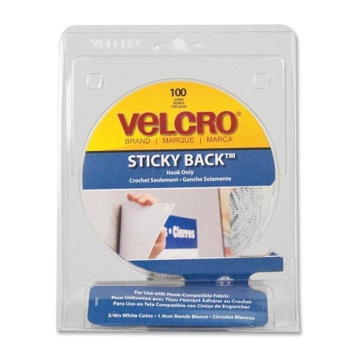 VELCRO USA Inc Hooks for Sticky Back Round Coins,5/8" Size,100/PK,White