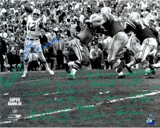 1969 New York Jets Team Signed Super Bowl III Joe Namath Throwing BW 16x20 Photo 24 SignaturesSigned in Neon Green Namath Sky Blue