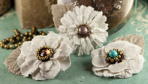 Flaxence Fabric Flowers With Gem & Beads, Barley