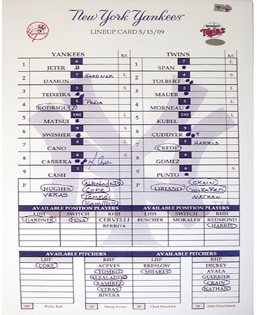 Melky Cabrera Yankees 5-15-2009 Replica Lineup Card