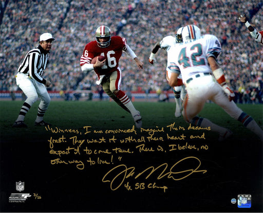 Joe Montana Run vs. Dolphins Spotlight Story 16x20 Photo w/ "4x SB Champs" Insc. (LE/16)