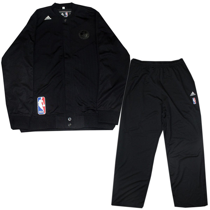 Mason Plumlee Uniform - Brooklyn Nets 2013-2014 Season Game Used #1 Grey NBA Green Short Sleeve Warmup Shirt  Black w/ Black Team Logo On Heart Long Sleeve Warmup Jacket  and Black Warmup Pants