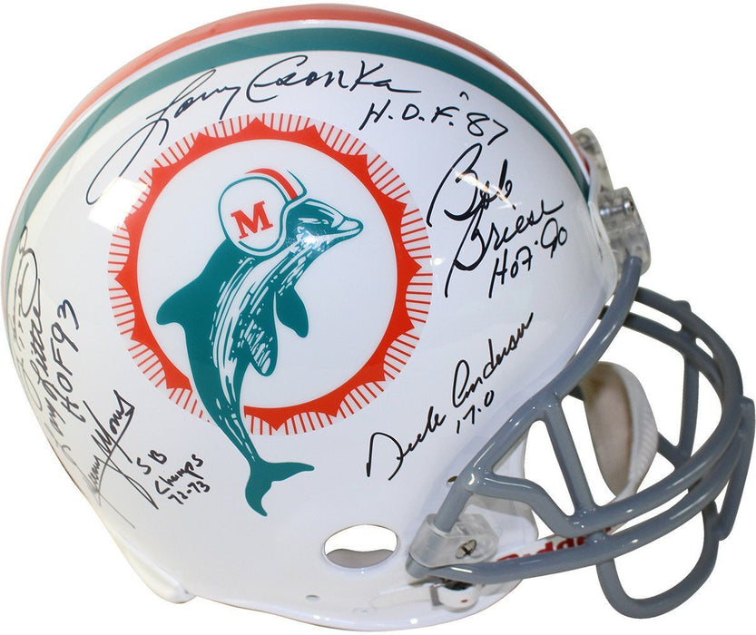 1972 Dolphins 6 Signature Authentic Helmet Signed and Inscribed by Csonka w/HOF 87/Griese/Fernandez /Morris /Little /Anderson