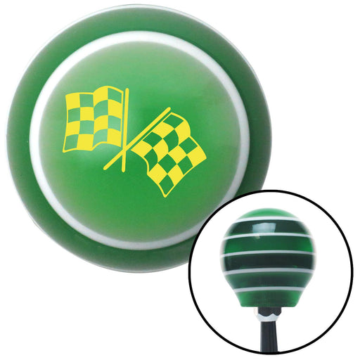 Yellow Dual Checkered Flags Green Stripe Shift Knob with M16 x 15 Insert